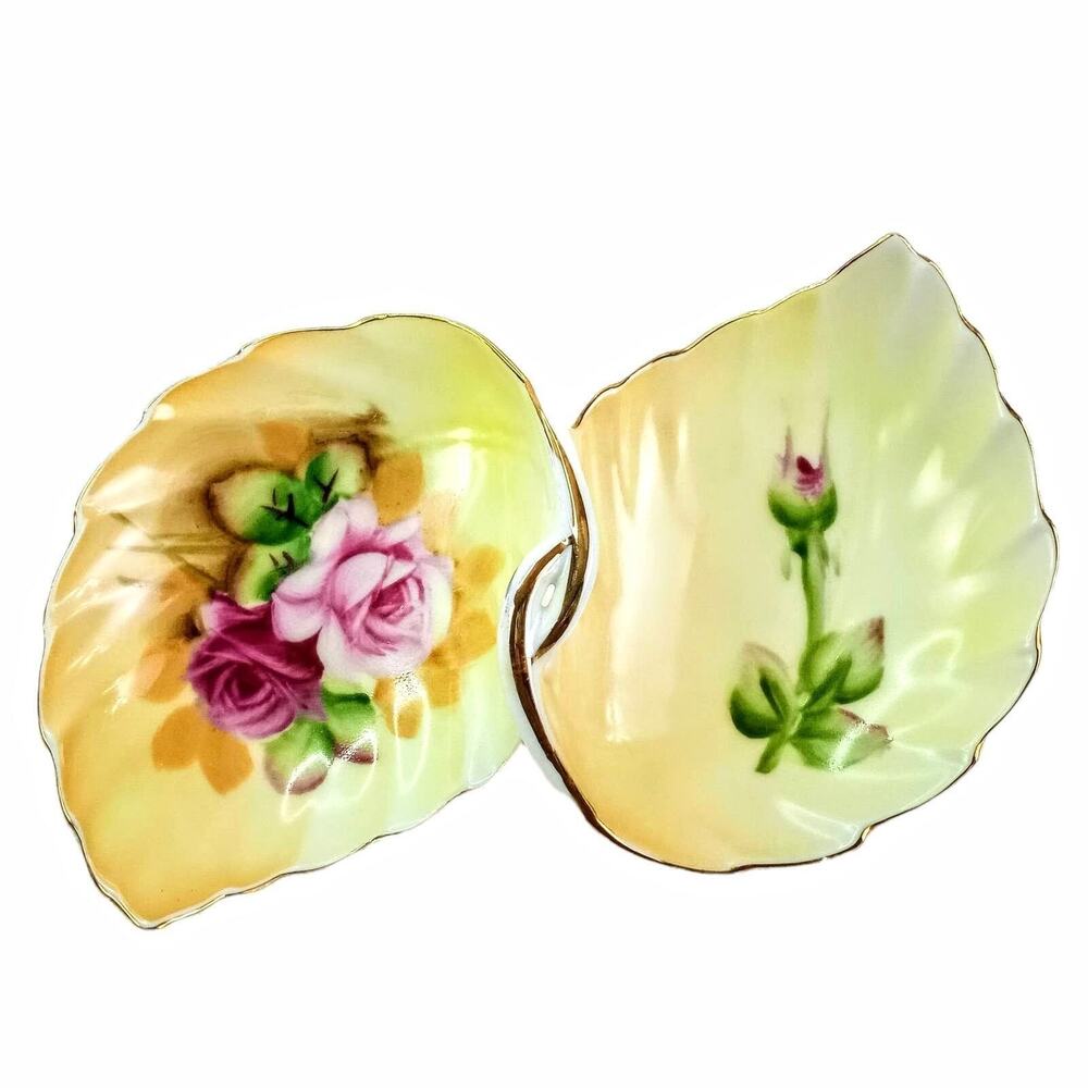 Vtg Lefton China 4674 Double Leaf Trinket Dish Hand Painted Rose Candy Nut Tray